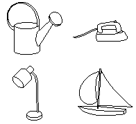 Intact training versions of the watering can, iron, desk lamp, and sailboat.